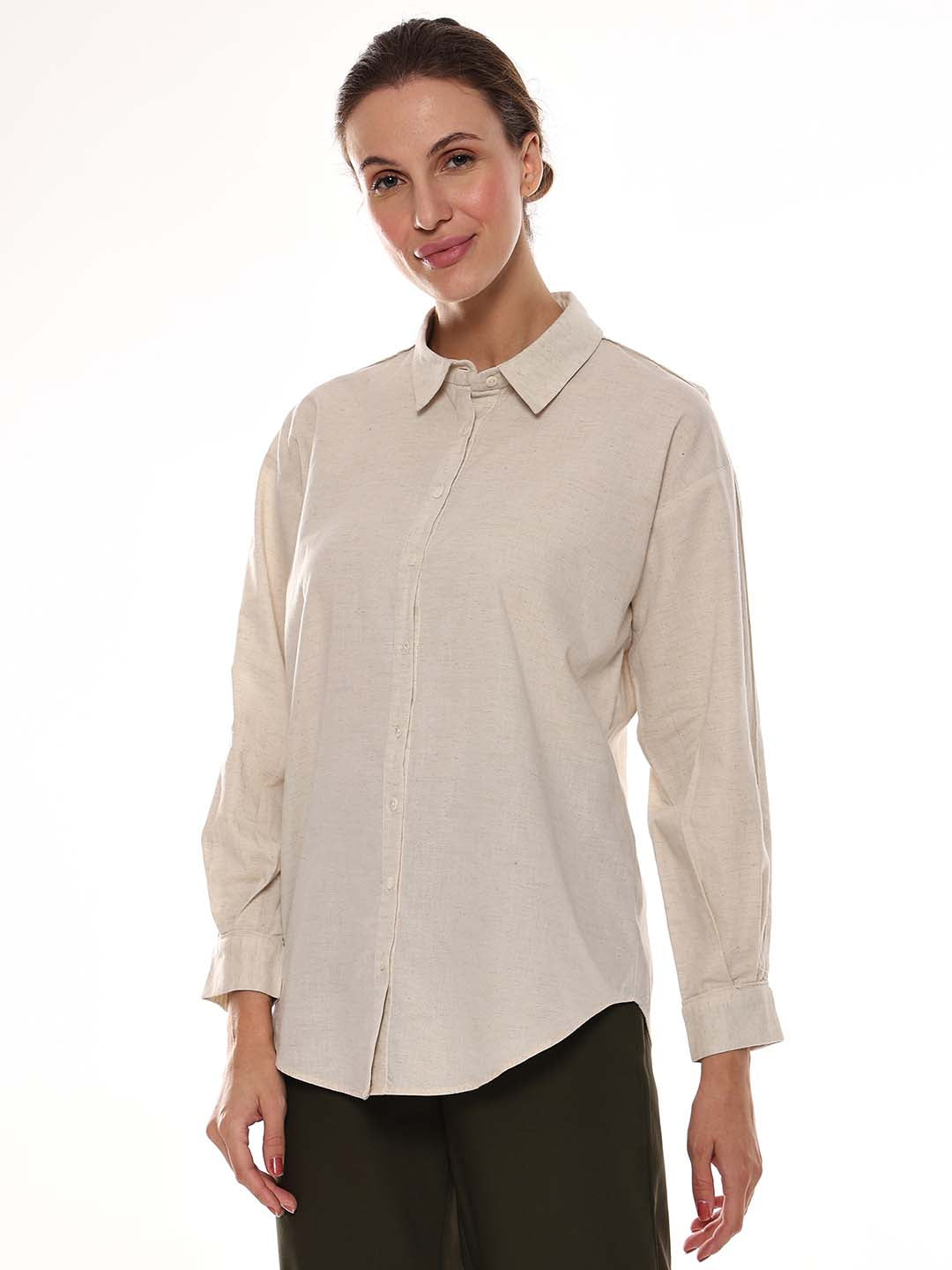 Alexis Beige Cotton-Linen Drop-Shoulder Shirt for Women - Paris Fit from GAZILLION - Left Side Look