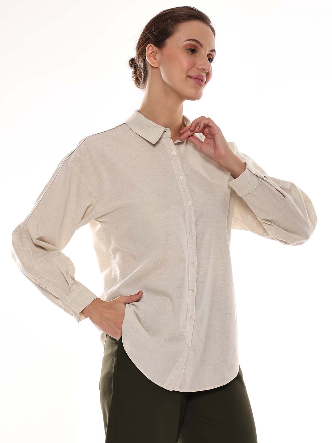 Alexis Beige Cotton-Linen Drop-Shoulder Shirt for Women - Paris Fit from GAZILLION - Right Side Look