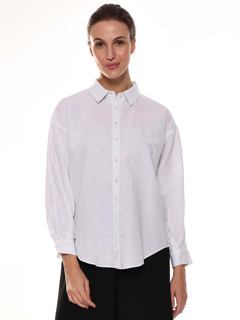 Alexis White Cotton-Linen Drop-Shoulder Shirt for Women - Paris Fit from GAZILLION - Front Look