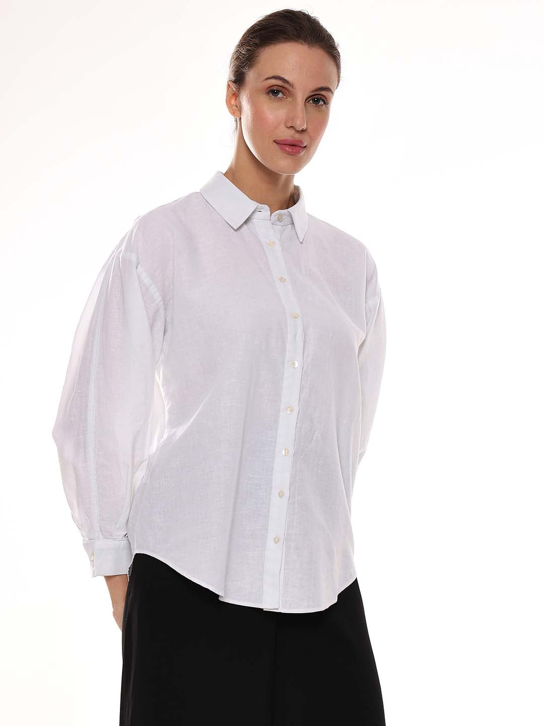 Alexis White Cotton-Linen Drop-Shoulder Shirt for Women - Paris Fit from GAZILLION - Right Side Look