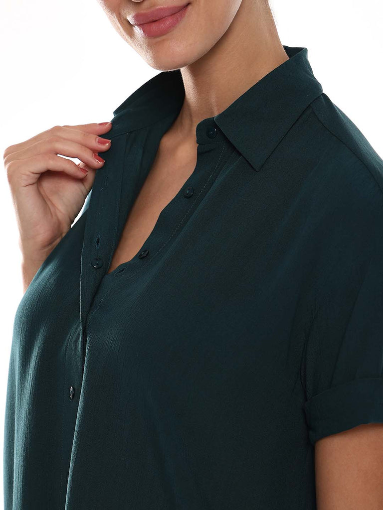 Alfa Bottle Green Soft Viscose Loose Shirt for Women - Madrid Fit from Gazillion - Dignity Buttons Detail