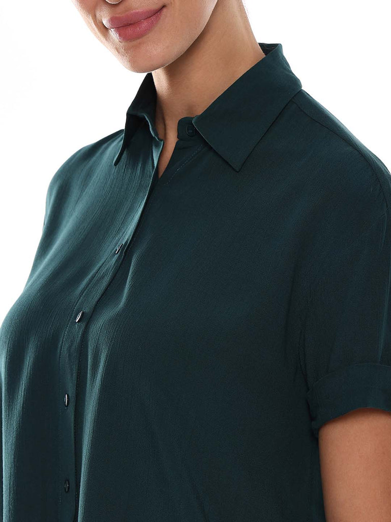Alfa Bottle Green Soft Viscose Loose Shirt for Women - Madrid Fit from Gazillion - Front Detail