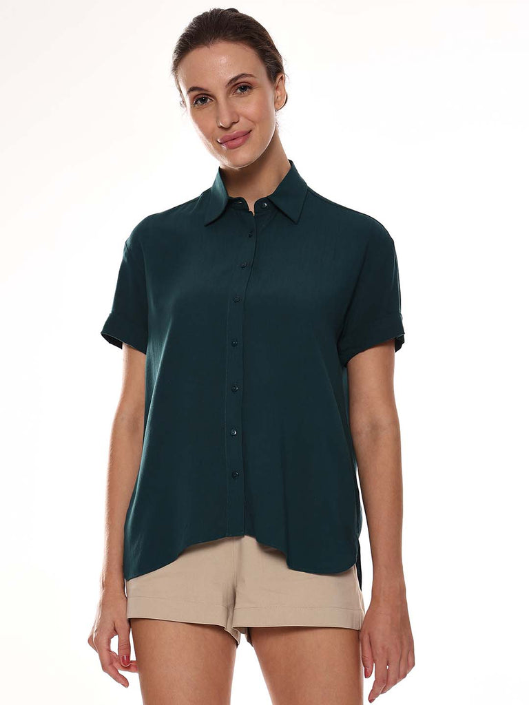 Alfa Bottle Green Soft Viscose Loose Shirt for Women - Madrid Fit from Gazillion - Front Look