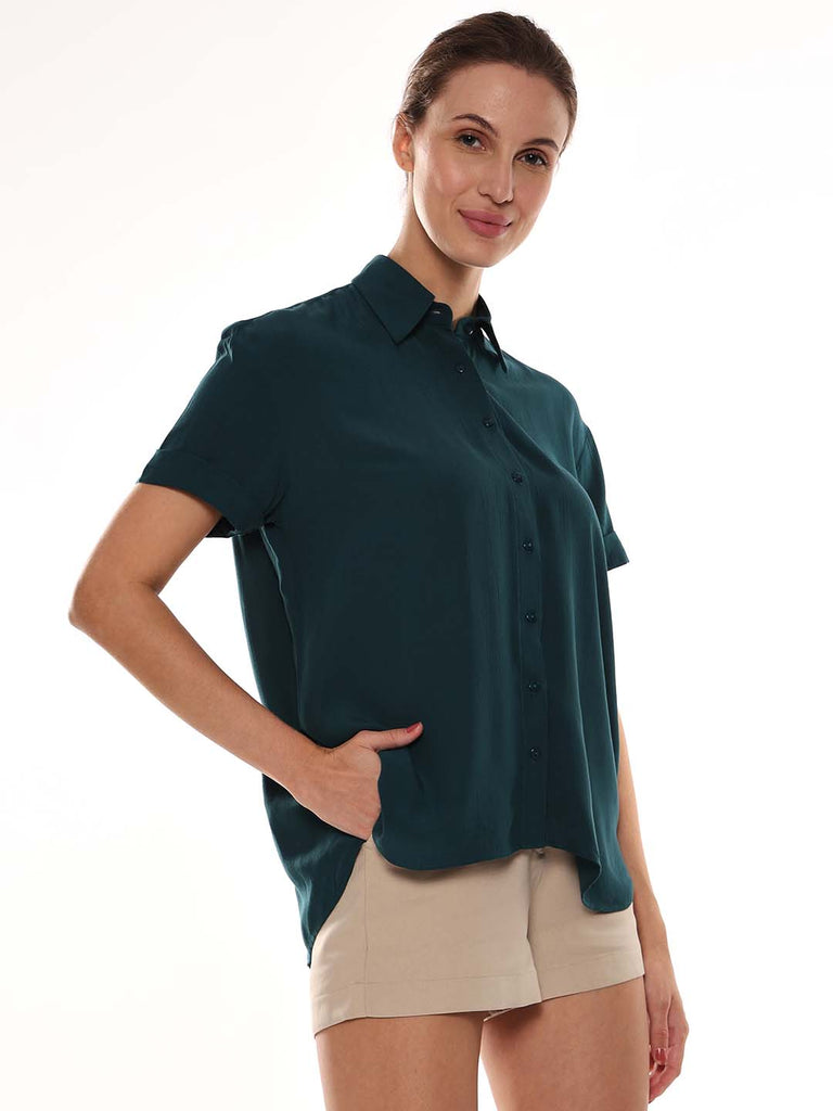 Alfa Bottle Green Soft Viscose Loose Shirt for Women - Madrid Fit from Gazillion - Right Side Look