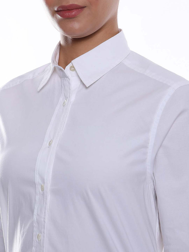 Alisha White Cotton Long Shirt for Women - Rome Fit from Gazillion - Front Detail