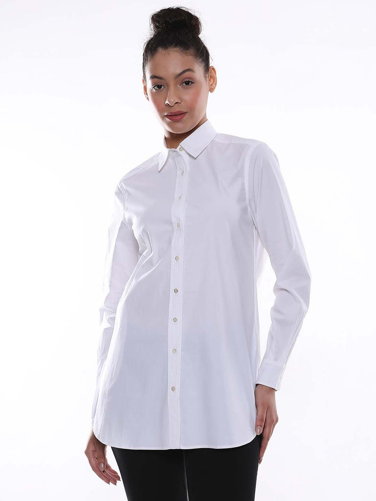 Alisha White Cotton Long Shirt for Women - Rome Fit from Gazillion - Front Look