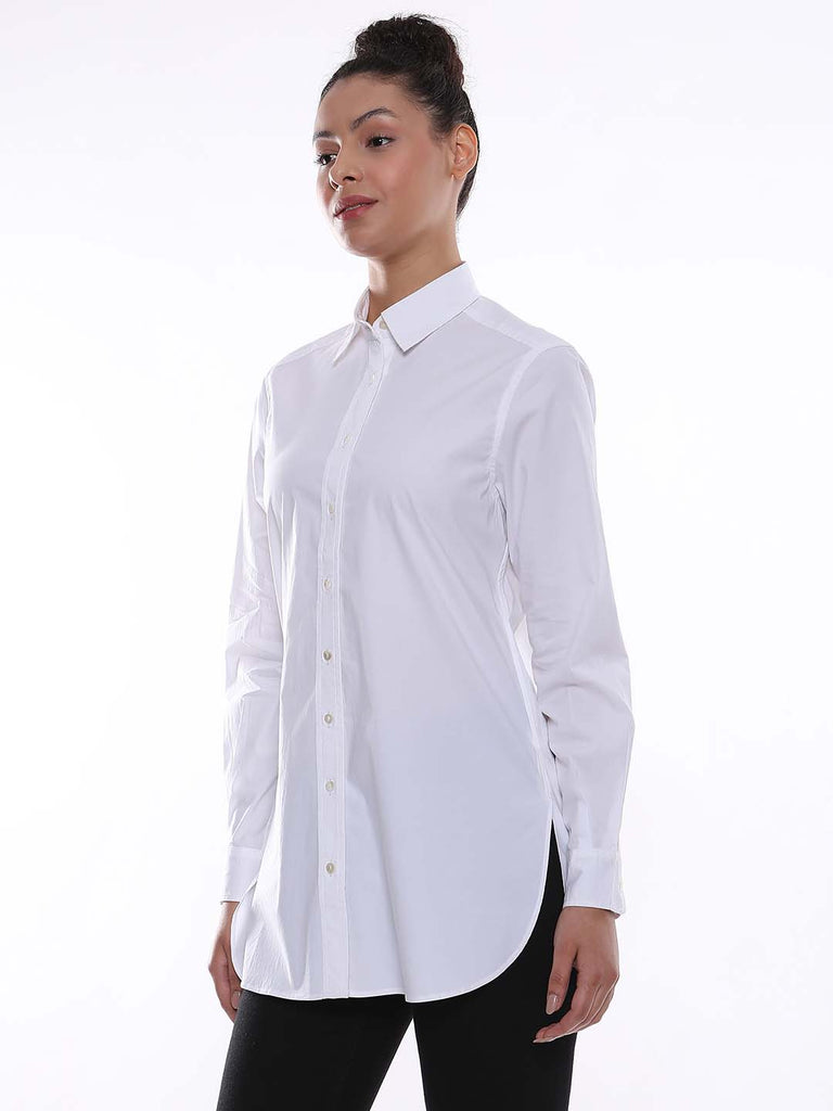 Alisha White Cotton Long Shirt for Women - Rome Fit from Gazillion - Left Side Look