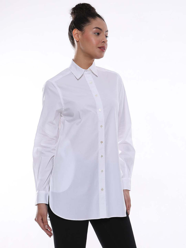 Alisha White Cotton Long Shirt for Women - Rome Fit from Gazillion - Right Side Look