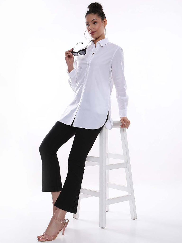 Alisha White Cotton Long Shirt for Women - Rome Fit from Gazillion - Seated Stylised Look