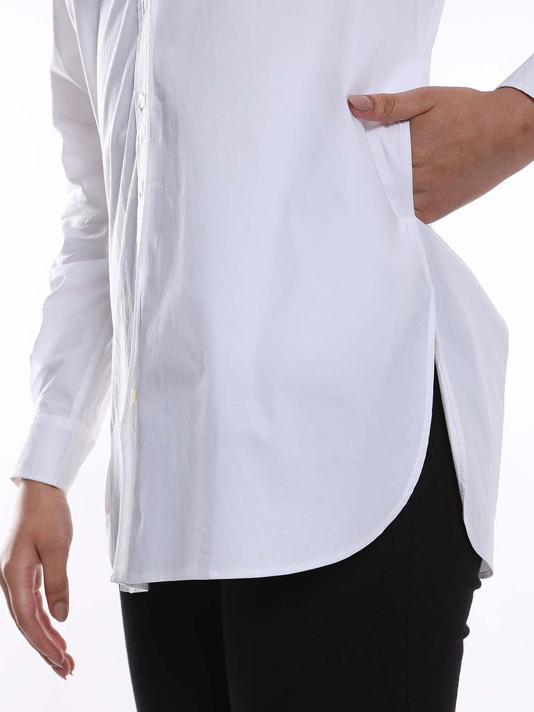 Alisha White Cotton Long Shirt for Women - Rome Fit from Gazillion - Side Pocket Detail