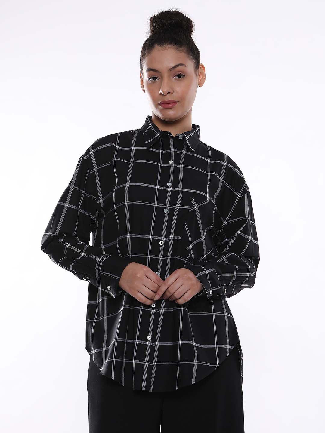 Alivia Black Checks Oversized Shirt for Women - Brussels Fit from GAZILLION - Front Look