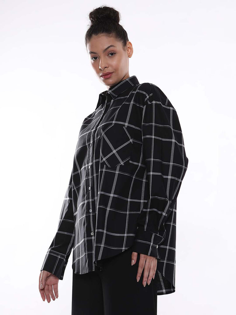 Alivia Black Checks Oversized Shirt for Women - Brussels Fit from GAZILLION - Left Side Look