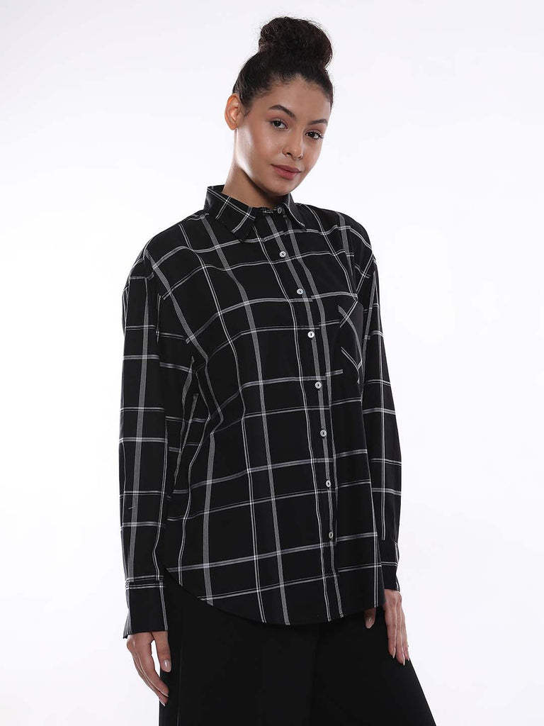 Alivia Black Checks Oversized Shirt for Women - Brussels Fit from GAZILLION - Right  Side Look