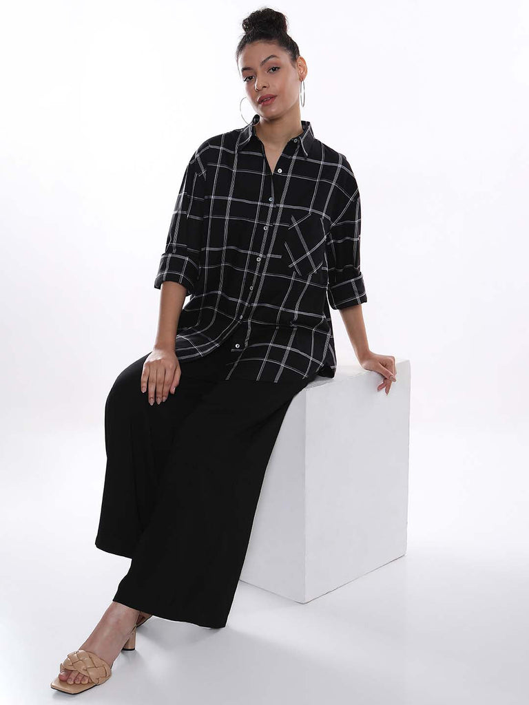 Alivia Black Checks Oversized Shirt for Women - Brussels Fit from GAZILLION - Seated Stylised Look