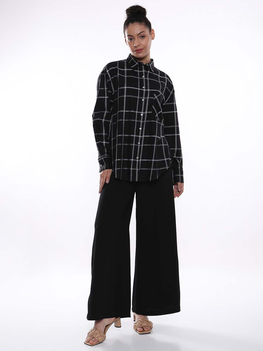 Alivia Black Checks Oversized Shirt for Women - Brussels Fit from GAZILLION - Standing Stylised Look