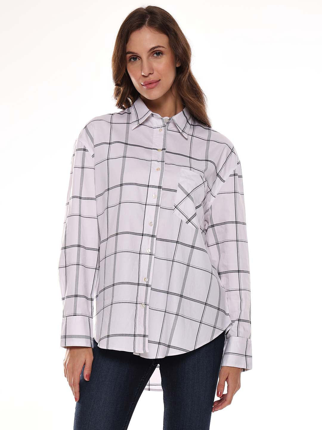 Alivia White Checks Oversized Shirt for Women - Brussels Fit from GAZILLION - Front Look