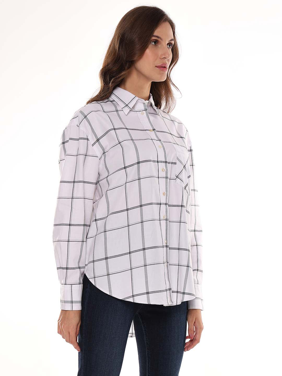 Alivia White Checks Oversized Shirt for Women - Brussels Fit from GAZILLION - Right Side Look