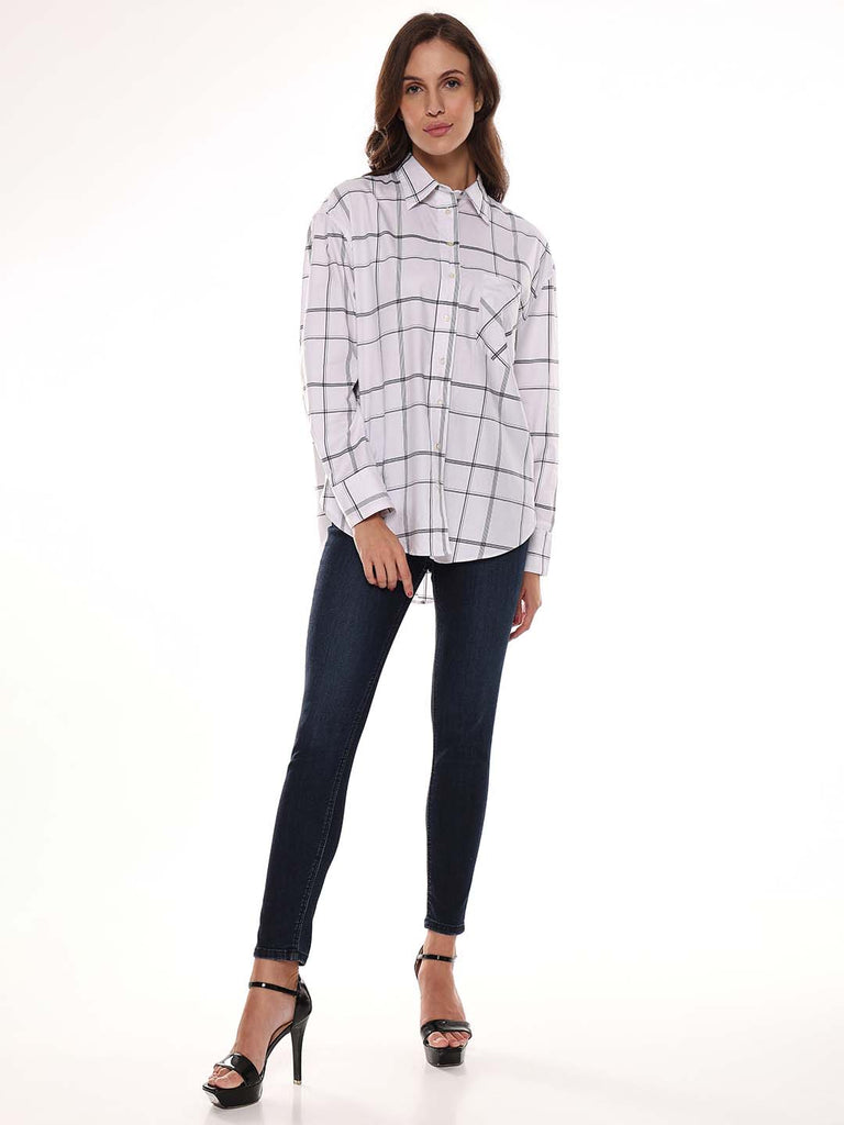 Alivia White Checks Oversized Shirt for Women - Brussels Fit from GAZILLION - Standing Stylised Look