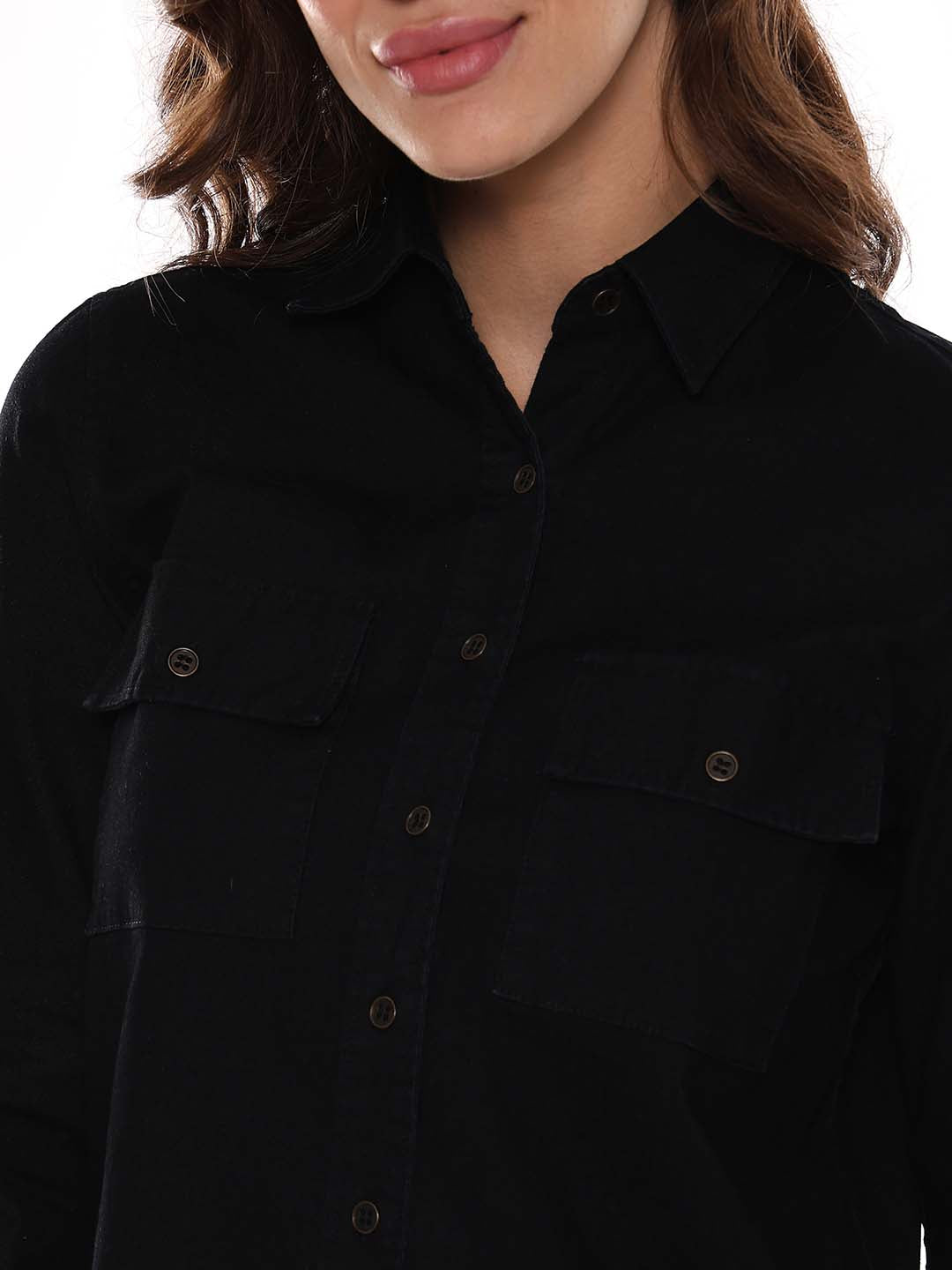 Allaya Black Denim Shirt for Women - Lisbon Fit from GAZILLION - Front Detail