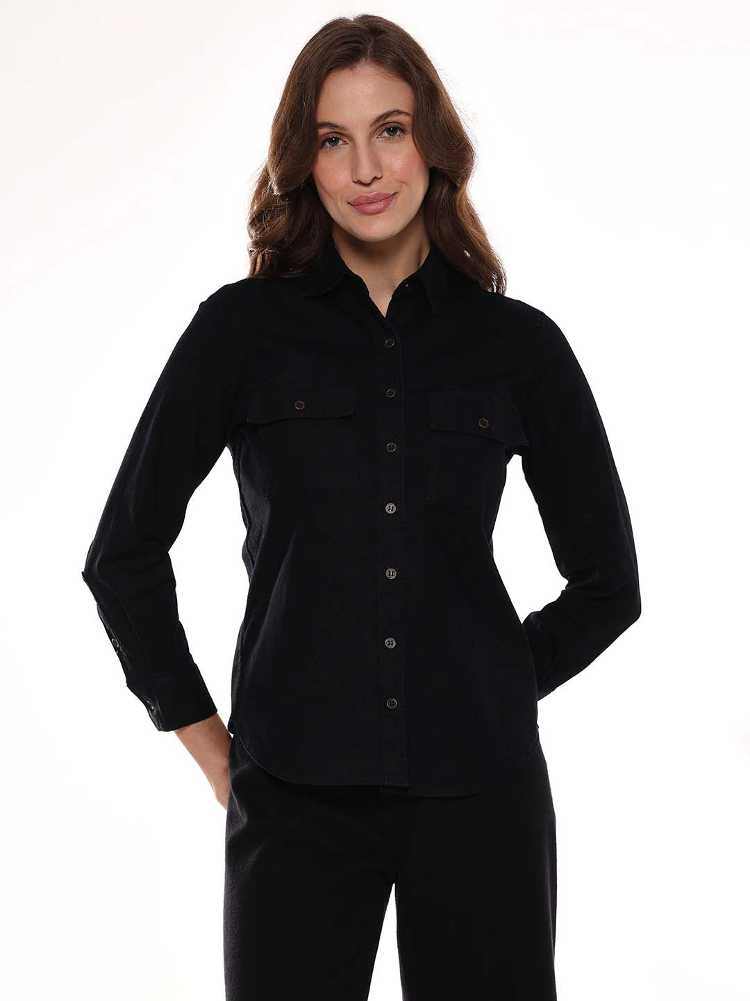 Allaya Black Denim Shirt for Women - Lisbon Fit from GAZILLION - Front Look