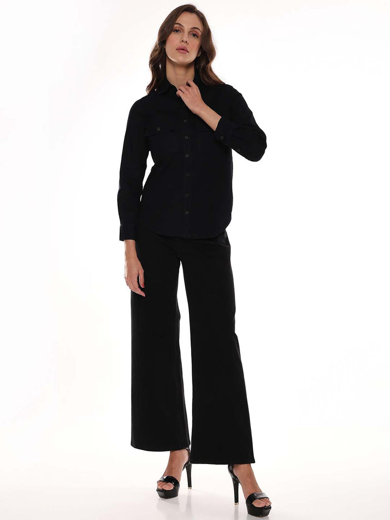 Allaya Black Denim Shirt for Women - Lisbon Fit from GAZILLION - Full Standing Stylised Look