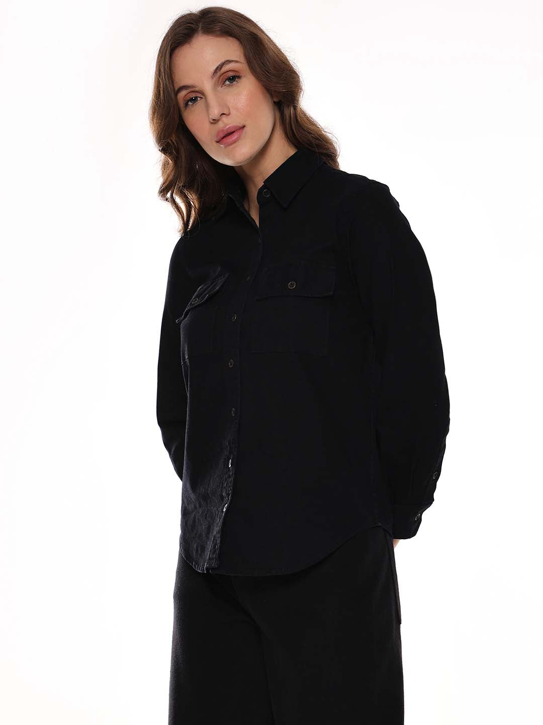 Allaya Black Denim Shirt for Women - Lisbon Fit from GAZILLION - Left Side Look