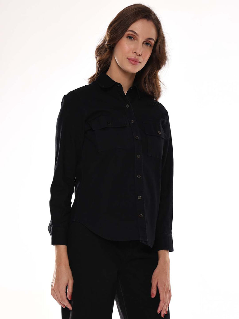 Allaya Black Denim Shirt for Women - Lisbon Fit from GAZILLION - Right Side Look