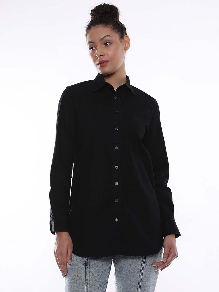 Allison Black Denim Long Shirt for Women - Rome Fit from GAZILLION - Front Look