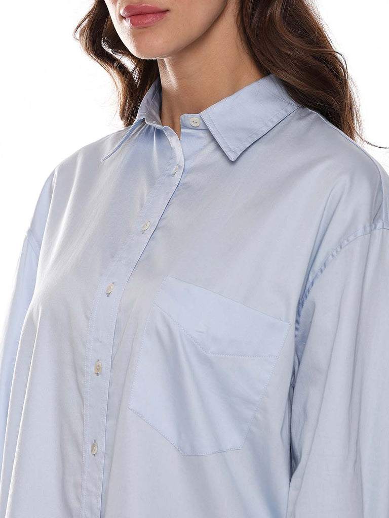 Alma Sky Blue Giza Cotton Oversized Shirt for Women - Brussels Fit from GAZILLION - Left Side Detail