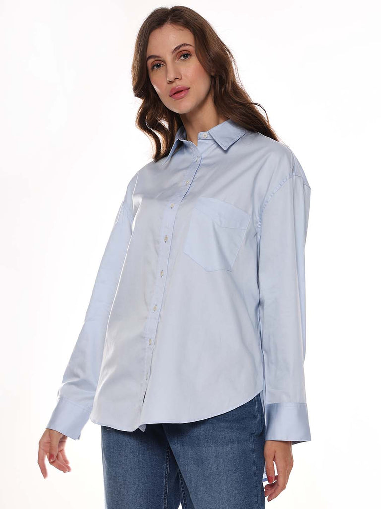 Alma Sky Blue Giza Cotton Oversized Shirt for Women - Brussels Fit from GAZILLION - Left Side Look