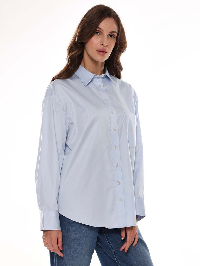 Alma Sky Blue Giza Cotton Oversized Shirt for Women - Brussels Fit from GAZILLION - Right Side Look