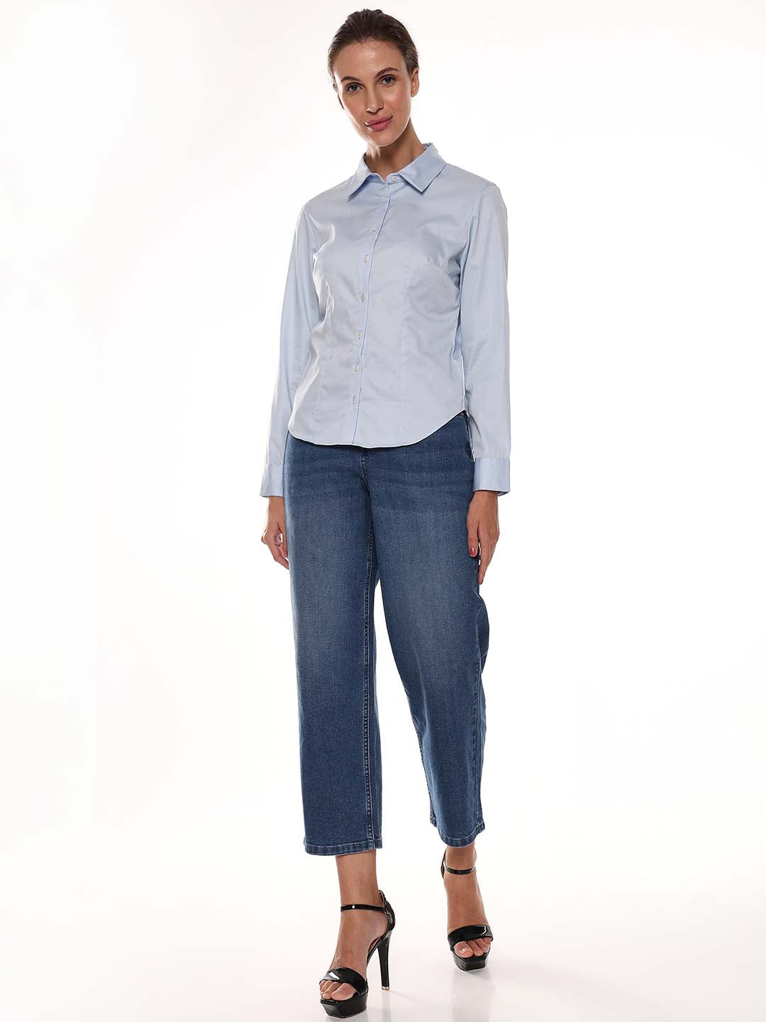 Alora Sky Blue Giza Cotton Fitted Formal Shirt for Women - Munich Fit from GAZILLION - Full Standing Stylised Look