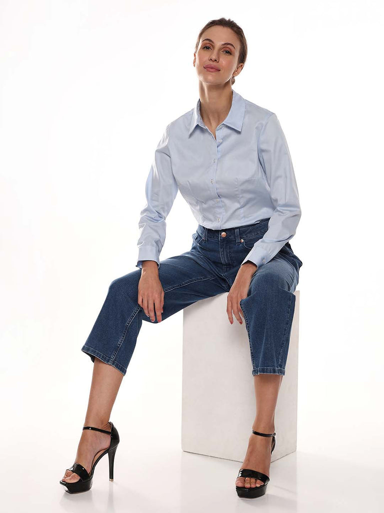 Alora Sky Blue Giza Cotton Fitted Formal Shirt for Women - Munich Fit from GAZILLION - Seated Stylised Look
