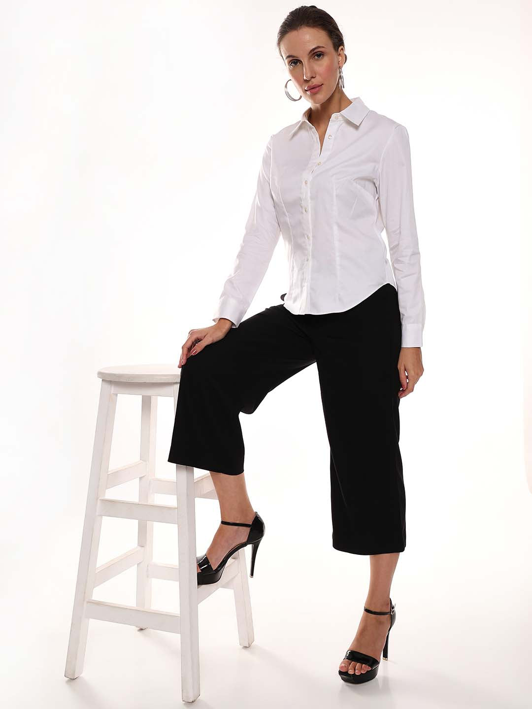 Alora White Giza Cotton Fitted Formal Shirt for Women - Munich Fit from GAZILLION - Standing Stylised Look With Accessories