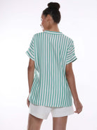 Alva Green & White Striped Viscose Loose Shirt for Women - Barcelona Fit from GAZILLION - Back Look