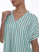 Alva Green & White Striped Viscose Loose Shirt for Women - Barcelona Fit from GAZILLION - Front Detail