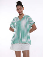 Alva Green & White Striped Viscose Loose Shirt for Women - Barcelona Fit from GAZILLION - Front Look