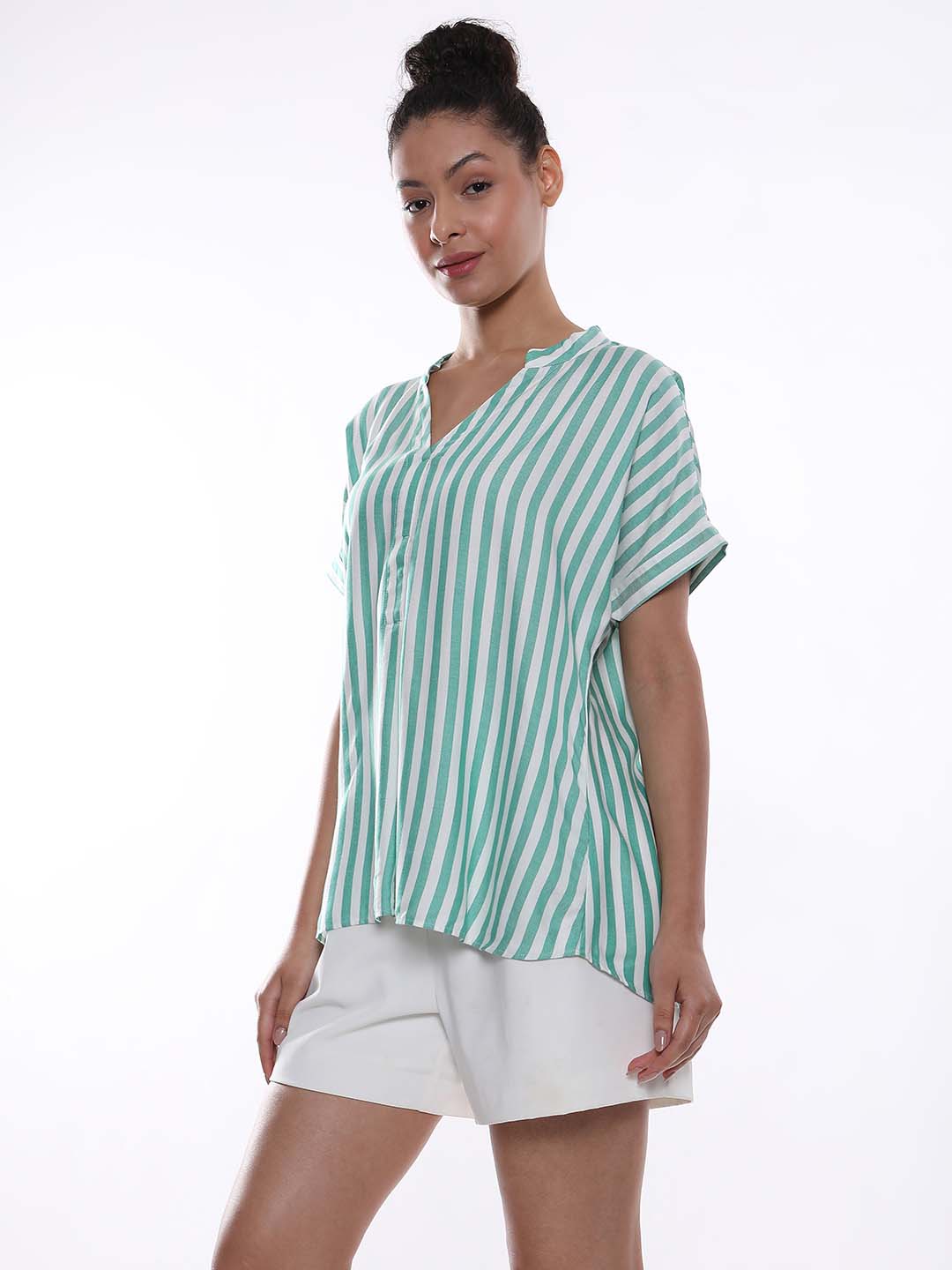 Alva Green & White Striped Viscose Loose Shirt for Women - Barcelona Fit from GAZILLION - Left Side Look