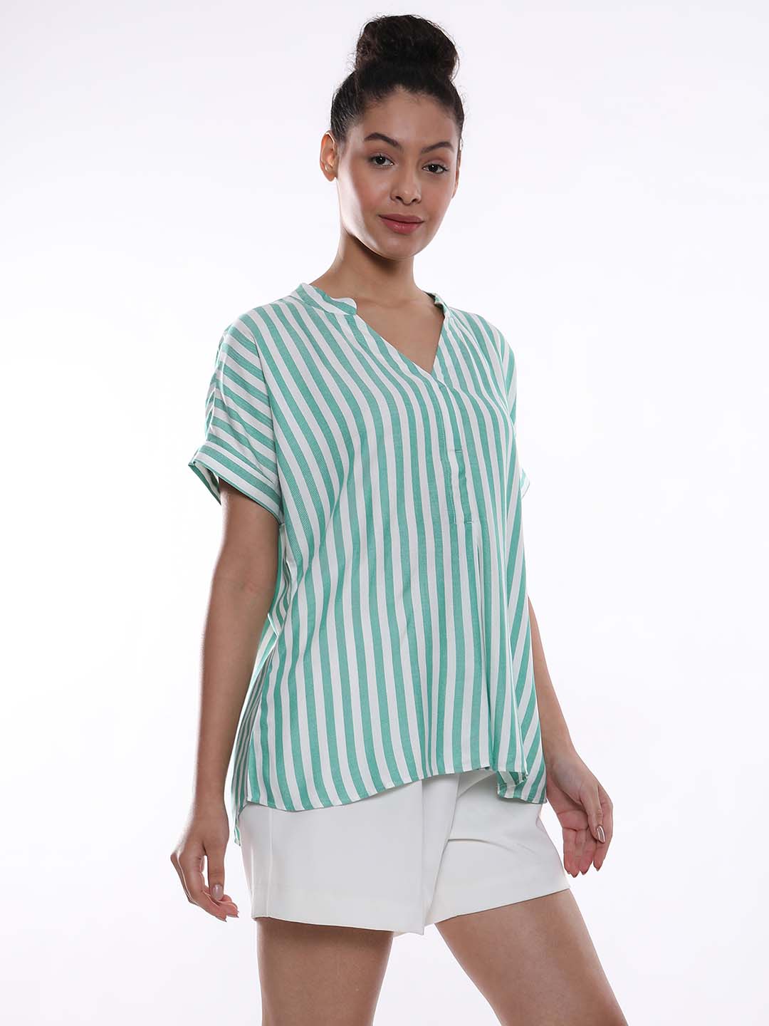 Alva Green & White Striped Viscose Loose Shirt for Women - Barcelona Fit from GAZILLION - Right Side Look