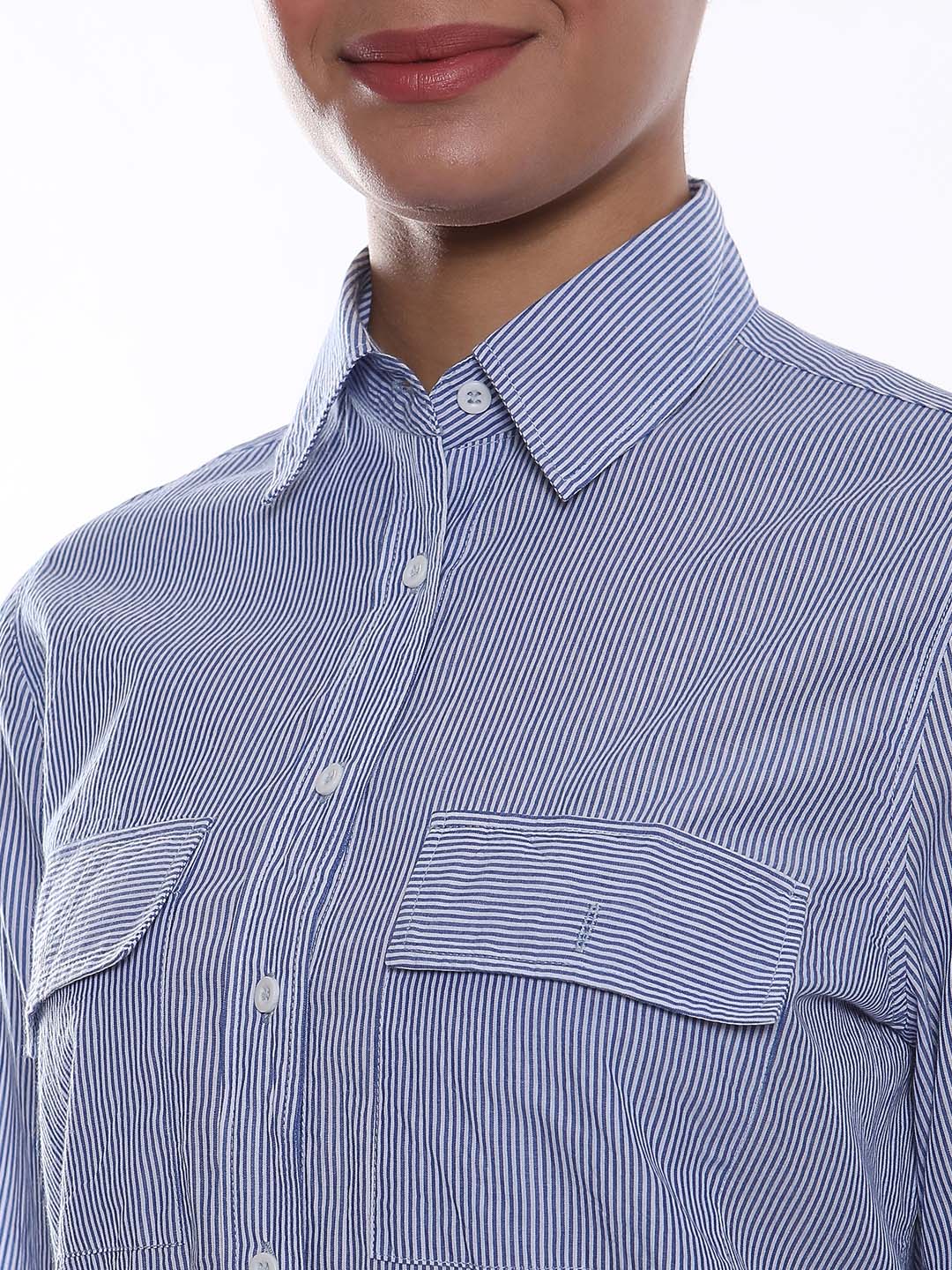 Alvina Blue & White Striped Cotton Shirt for Women - Lisbon Fit from GAZILLION - Front Detail