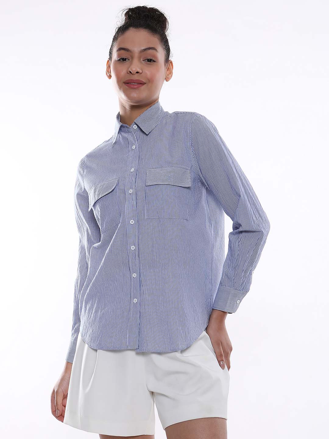 Alvina Blue & White Striped Cotton Shirt for Women - Lisbon Fit from GAZILLION - Front Look