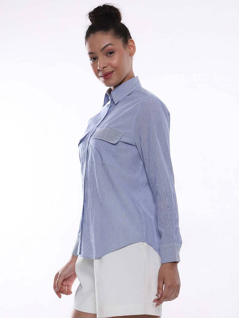 Alvina Blue & White Striped Cotton Shirt for Women - Lisbon Fit from GAZILLION - Left Side Look