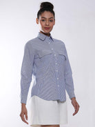 Alvina Blue & White Striped Cotton Shirt for Women - Lisbon Fit from GAZILLION - Right Side Look