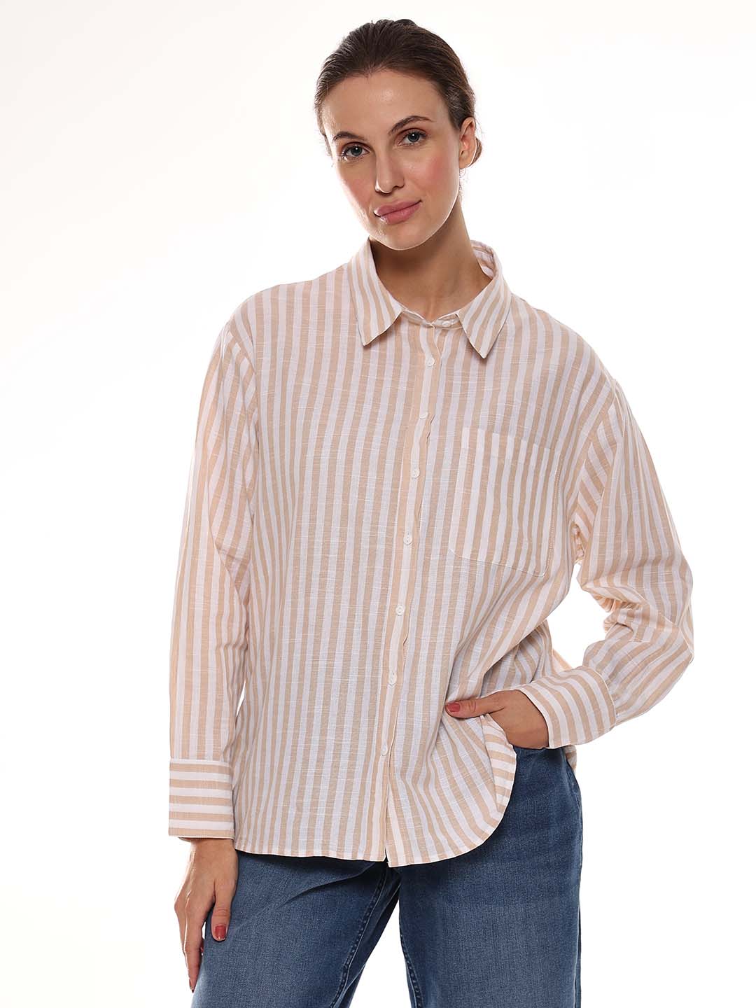 Amanda Beige & White Striped Cotton Oversized Shirt for Women - Copenhagen Fit from GAZILLION - Front Look