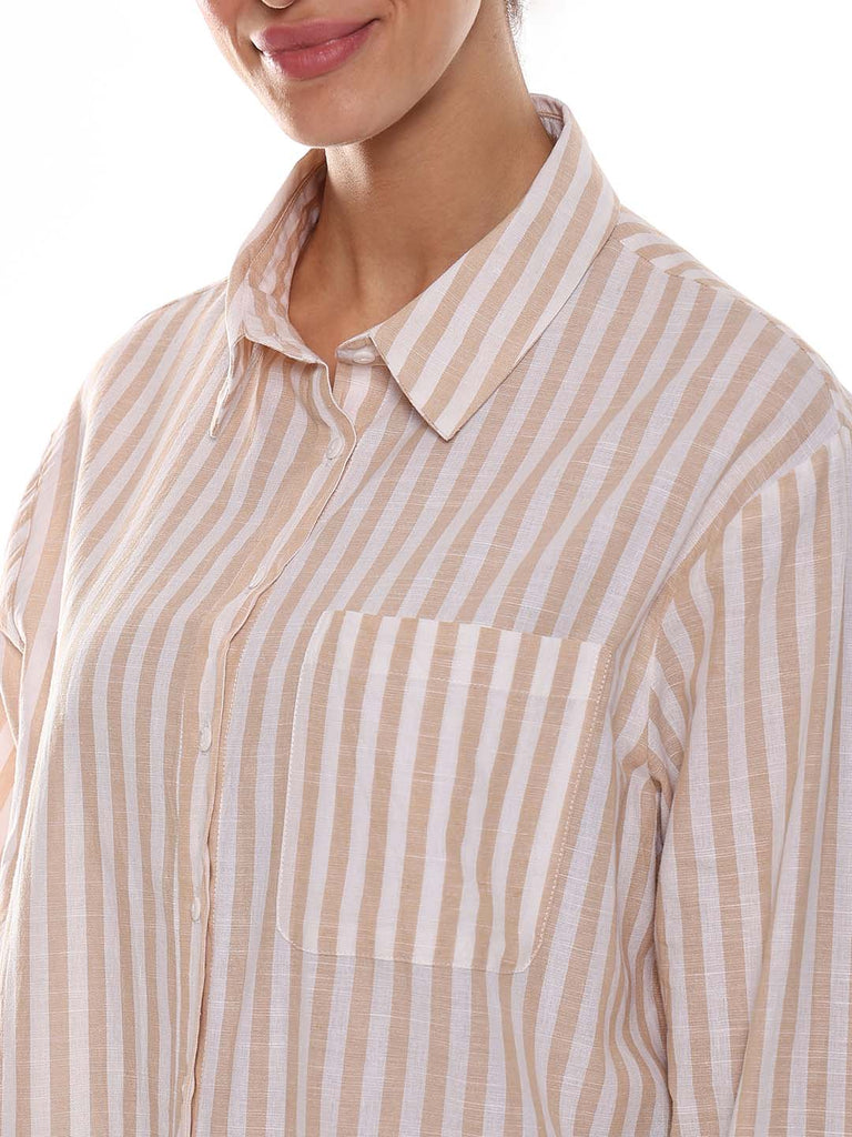 Amanda Beige & White Striped Cotton Oversized Shirt for Women - Copenhagen Fit from GAZILLION - Left Side Detail