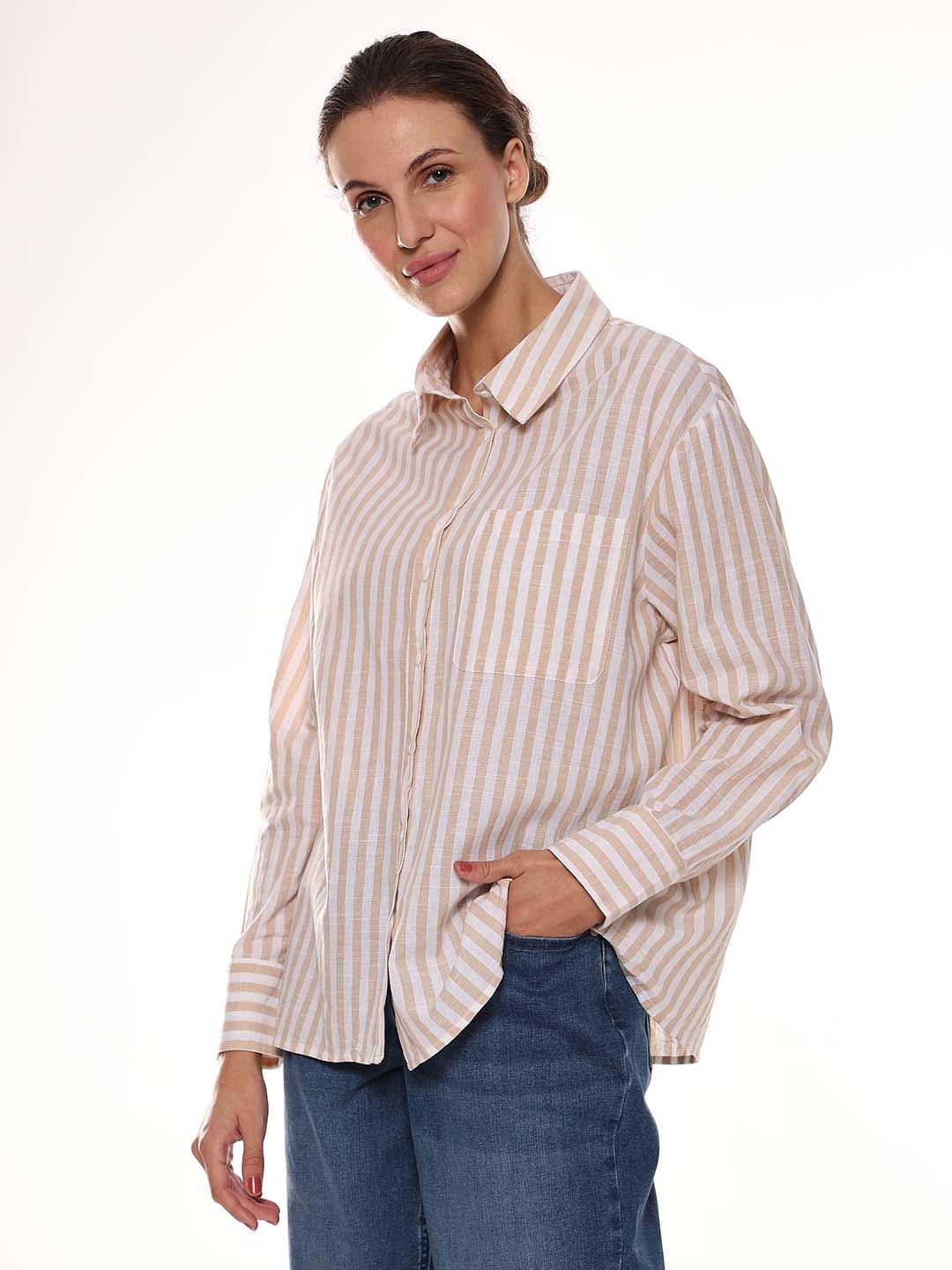 Amanda Beige & White Striped Cotton Oversized Shirt for Women - Copenhagen Fit from GAZILLION - Left Side Look