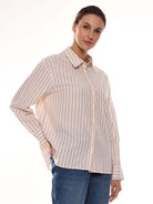 Amanda Beige & White Striped Cotton Oversized Shirt for Women - Copenhagen Fit from GAZILLION - Right Side Look