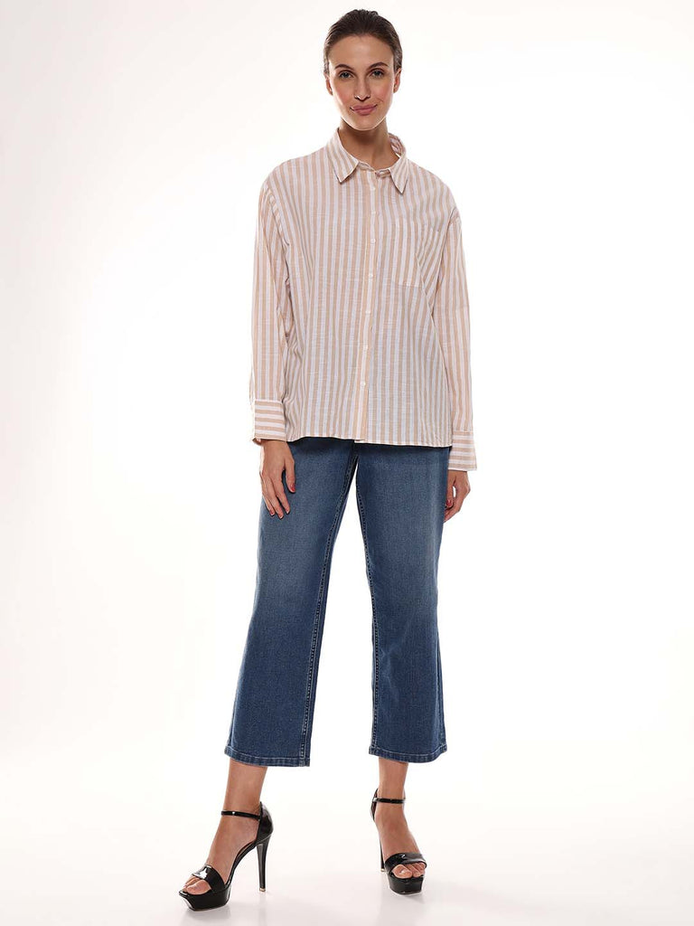 Amanda Beige & White Striped Cotton Oversized Shirt for Women - Copenhagen Fit from GAZILLION - Standing Stylised Look