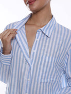 Amanda Blue & White Striped Cotton Oversized Shirt for Women - Copenhagen Fit from GAZILLION - Dignity Buttons Detail