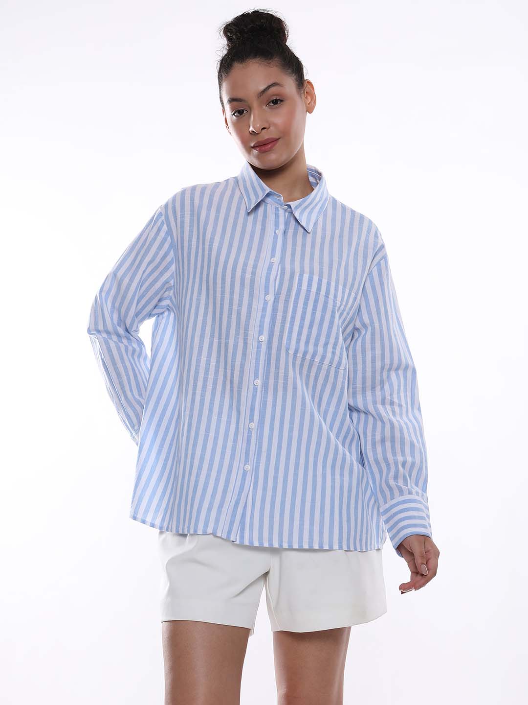 Amanda Blue & White Striped Cotton Oversized Shirt for Women - Copenhagen Fit from GAZILLION - Front Look